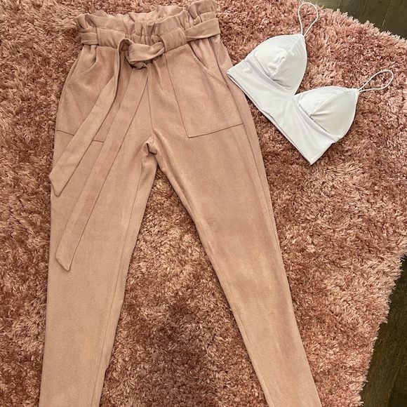 SHEIN Pants - Frilled Waist Suede Pants with belt
